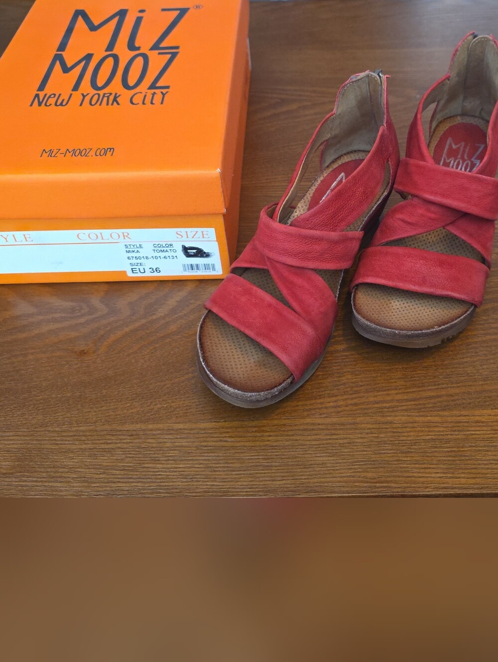 Miz Mooz Suede 'Mika' Style Wedge Sandals w/Zip Back. Color Tomato. Sz 6 / EU 36